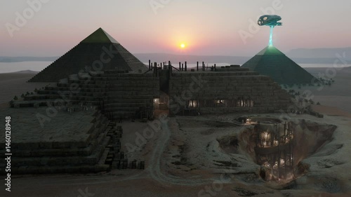 Building huge, spiral-shaped cylindrical structure straight down beneath the Great pyramid. Spacecraft floating. Hidden constructions concept. 3d render. ProRes 422HQ MOV 16 Bit depth.