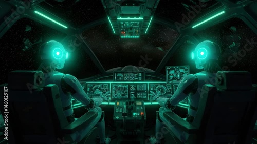 Inside spacecraft cockpit with glowing controls and futuristic navigation interface