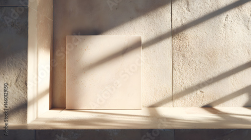 Minimalist Beige Tile and Wooden Shelf Mockup with Sunlight