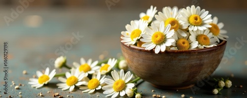 Chamomile tea flowers in loose pile on ceramic bowl, relaxant, plant, tea