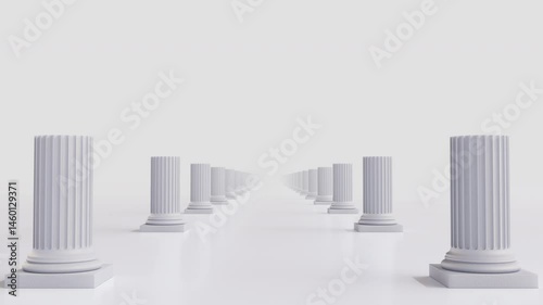 Fast flythrough between white truncated Ionic-style columns in a clean minimal environment. Classical symmetry meets modern abstraction. Seamless 4K loop, ideal for architectural or conceptual scenes.