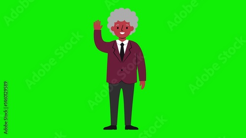 Looped animation of an older cartoon man with dark red-toned skin and white hair, wearing a maroon suit and black tie, waving on a green background. Perfect for fantasy, storytelling, or stylized corp photo
