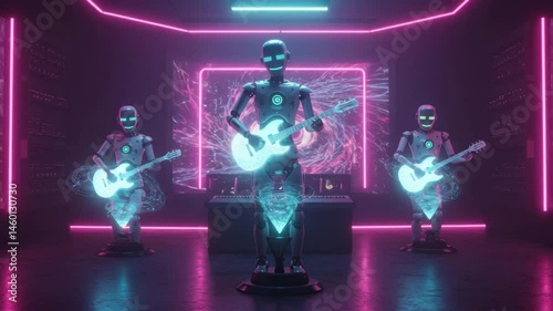A dynamic scene of futuristic robots playing electric guitars in a neon-lit music studio, creating an immersive and electrifying performance. photo