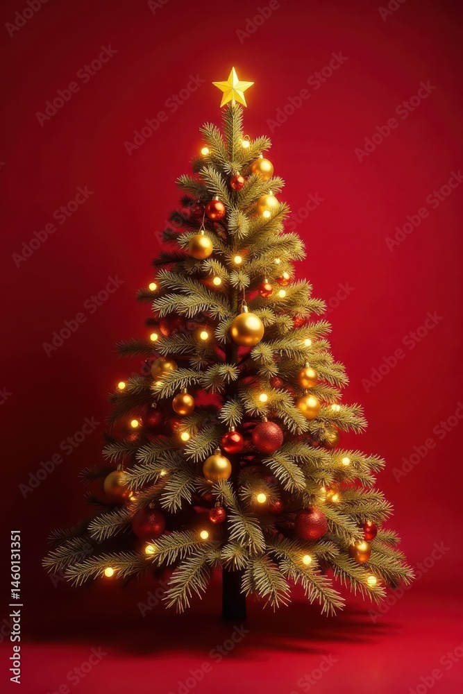 Obraz premium A majestic golden Christmas tree stands against a rich red backdrop , red background, christmas