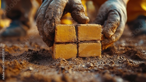 Mudcovered hands laying paving stones.