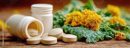 Natural Health Supplements With Herbal Ingredients and Tablets on Wooden Surface