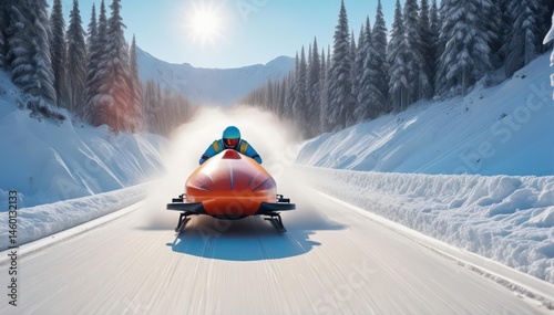 Bobsled streaks down icy track, snow spraying, speed, spray, bobsled