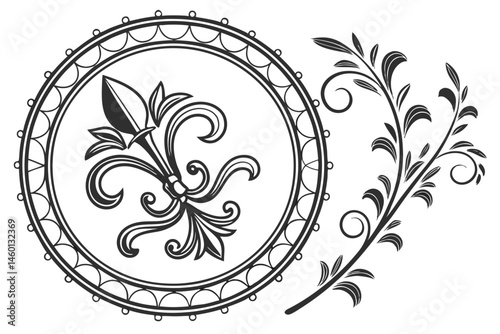 90 Ornate circular frame, black and white, intricate floral design, symmetrical pattern, baroque style, filigree details, elegant swirls, decorative border, vintage aesthetic, high contrast, vector gr