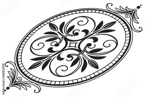 90 Ornate circular frame, black and white, intricate floral design, symmetrical pattern, baroque style, filigree details, elegant swirls, decorative border, vintage aesthetic, high contrast, vector gr
