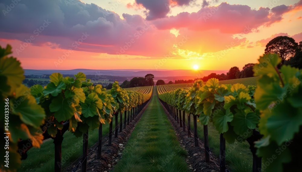 Fototapeta premium Softly glowing sunset colors over a vineyard with vines and trees swaying in the breeze, peaceful, countryside, rustic