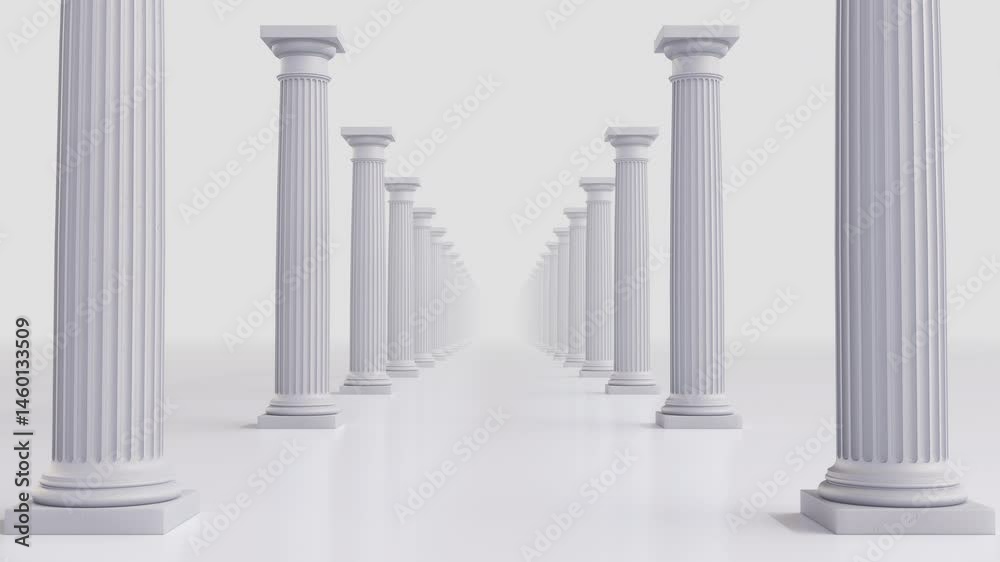 Slow cinematic flythrough between white Ionic columns with fluted shafts and volute capitals. Elegant classical style. Seamless 4K loop with alpha, ideal for historical or architectural visuals. 3D Slow cinematic flythrough between white Ionic columns with fluted shafts and volute capitals. Elegant classical style. Seamless 4K loop with alpha, ideal for historical or architectural visuals. 3D