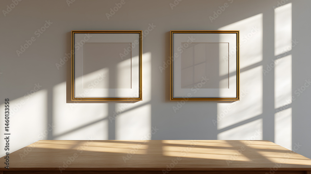 Fototapeta premium Minimalist Office Wall with Two Empty Picture Frames and Sunlight