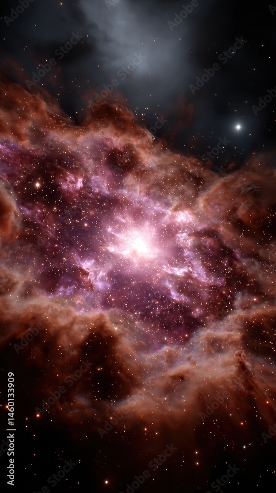 Obraz premium Dramatic purple nebula explosion in deep space with gas clouds and distant star clusters in cosmos for science or galaxy exploration visuals