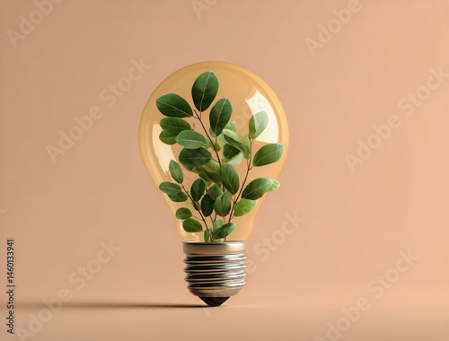 Creative Light Bulb With Green Leaves Symbolizing Eco-Friendly Energy and Sus...