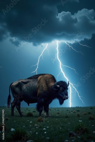 Buffalo caught in a flash of lightning against a dark and ominous background, cloud, electricity photo