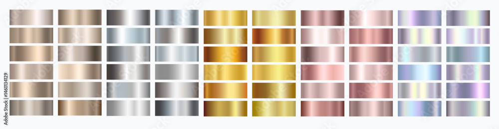 Gold rose, silver, bronze, copper and golden foil texture gradation background set. Vector shiny and metalic gradient collection for border, frame, ribbon design