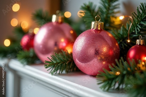 Pink gold glitter glass ornaments on a mantel, glittery, shiney photo