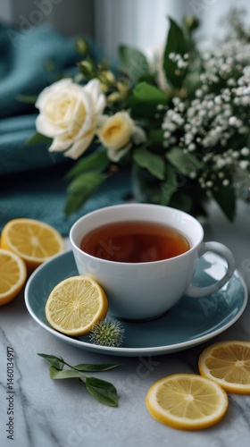 Tea Cup with Lemon Slices and Flower Bouquet Still Life