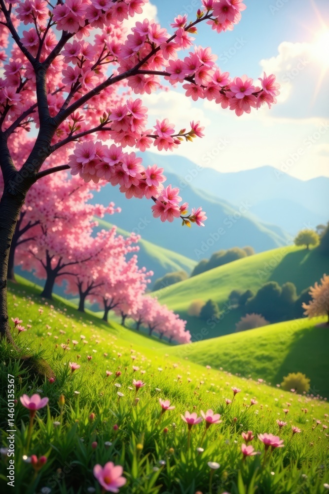 Naklejka premium Cherry blossom branches bloom in the warm sunlight on rolling hills, warm, landscape, sunlight