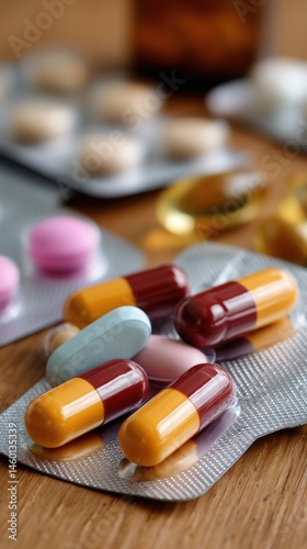 Variety of pills and capsules in blister packs for medication and healthcare treatment on wood surface close up macro