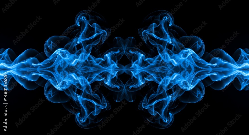 Fototapeta premium Symmetrical blue smoke pattern on black background creates abstract art