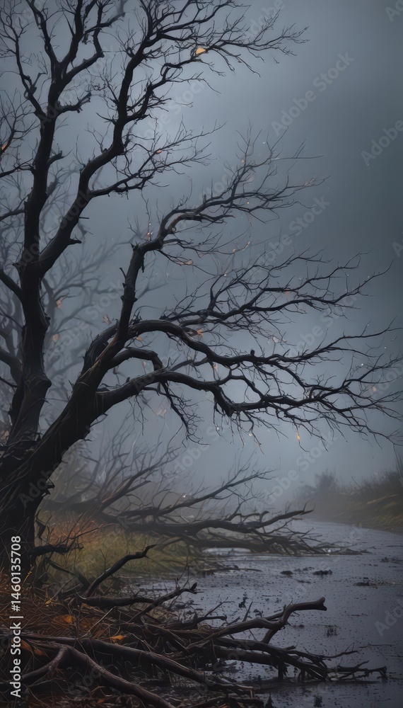 Obraz premium A raging storm; torrential rain obscures a darkened landscape, branches thrashing , dramatic, ominous