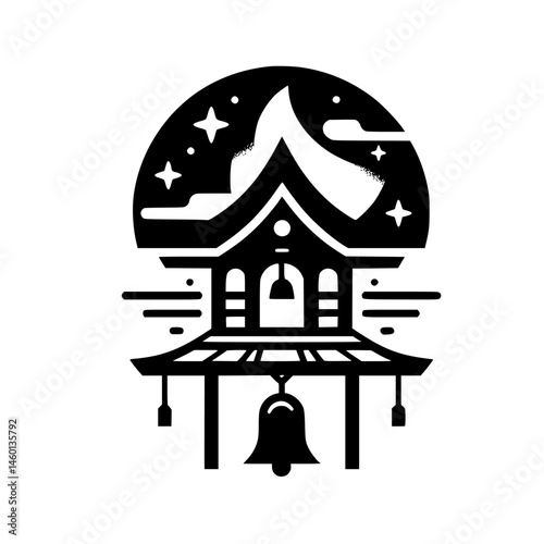 Japanese Temple Silhouette at Night: Minimalist Black and White Design