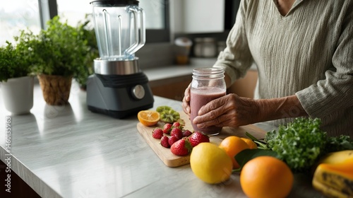 A closeup of a persons hands preparing a smoothie featuring vibrant fruits leafy greens and a blender on a clean kitchen countertop.