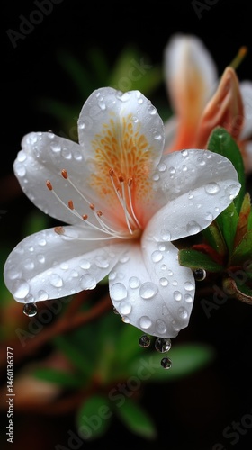Close-Up of White Azalea Flower with Water Droplets Blooming with Green Foliage and Blurred Background