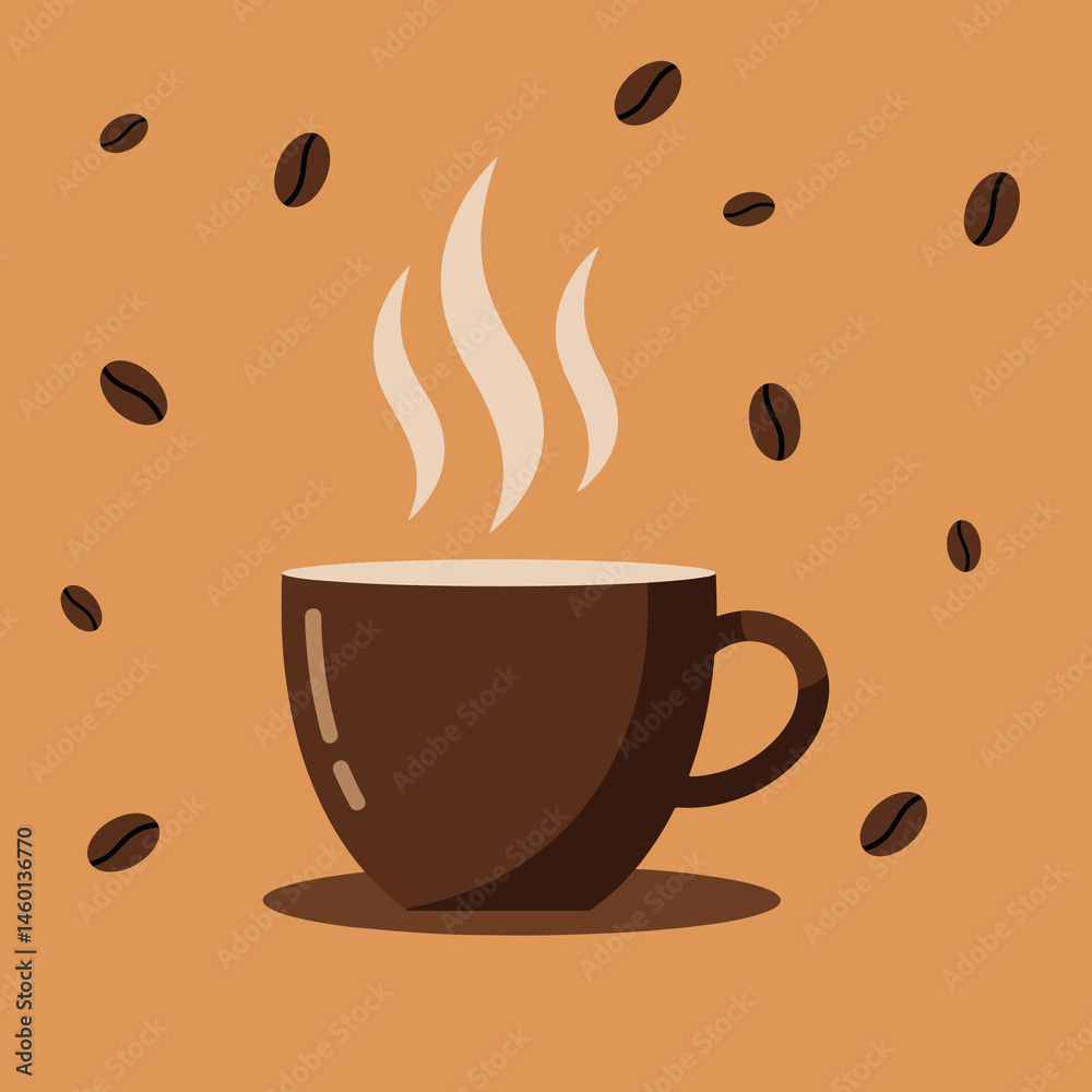 Obraz premium Vector illustration of a hot cup of coffee with coffee beans around it
