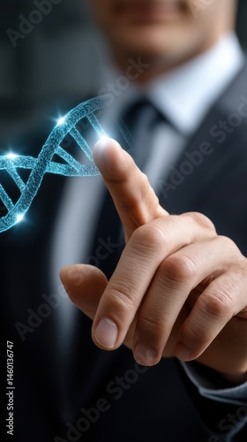 Man in Suit Touching Digital DNA Strand for Science, Research, or Genetic Engineering Concepts