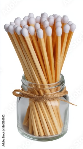 Matchsticks Bundled Upright in a Glass Jar with Twine Isolated on White Background