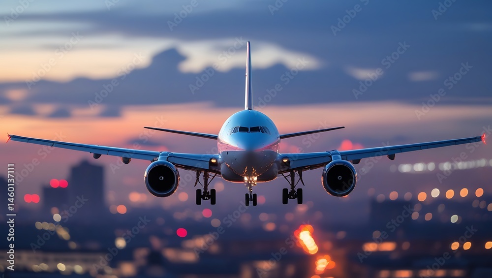 Passenger airplane in final approach at dusk with city lights backdrop Passenger airplane in final approach at dusk with city lights backdrop