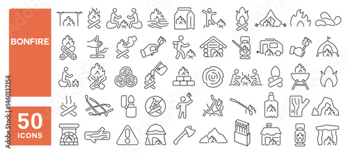 Set of 50 line icons related to bonfire, fireplace, flaming, ignite, flames, matches, fiery, blaze, wood, campfire, Editable stroke. Vector illustration