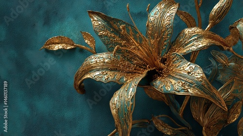 Elegant Golden Lily Flower on Teal Background Artistic Floral Design Botanical Illustration