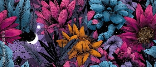 Colorful flowers and plants in pink blue orange and purple hues.
