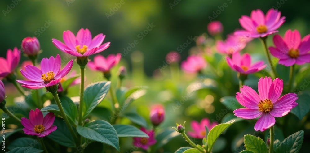 Pink and purple cape marguerite flowers scattered among lush greenery, pink, cape marguerite Pink and purple cape marguerite flowers scattered among lush greenery, pink, cape marguerite
