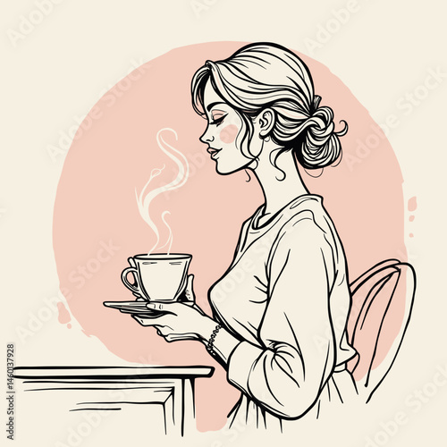 woman enjoying hot beverage in cup with steam in minimalist style for concept