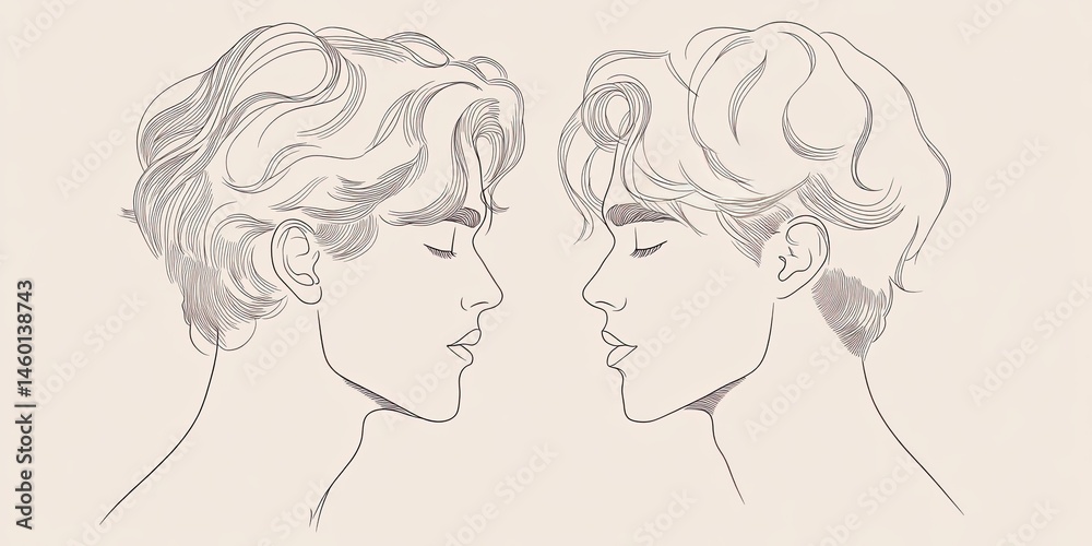 Romantic Line Art: Two Young Men Facing Each Other in a Tender Embrace, A Beautiful Portrait of Male Affection and Intimacy Romantic Line Art: Two Young Men Facing Each Other in a Tender Embrace, A Beautiful Portrait of Male Affection and Intimacy