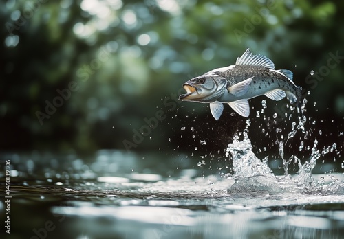 Fish Leaps out of Water Creating Splashes in Serene Natural Setting at Midday