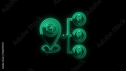 Neon animation showing package location converting to dollar coins against black background