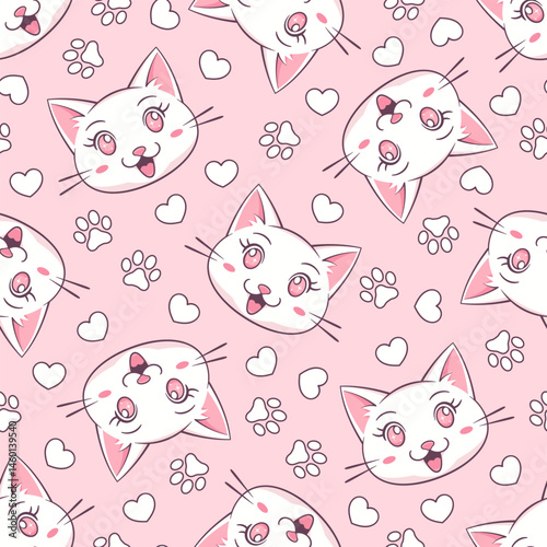 Wallpaper Mural White kawaii cats, hearts and paw prints on pink background. Vector seamless pattern.  Torontodigital.ca