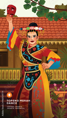 Jakarta culture Topeng merah dancer hand drawn illustration