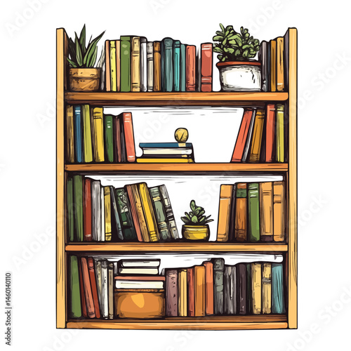 2D flat vector illustration of Bookshelf, isolated on a white background.
