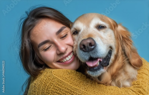 Golden Retriever and Woman Share Joyful Moment in Cozy Setting With Blue Back...