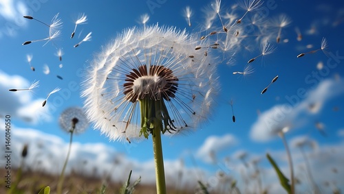 Dandelion seed dispersal under azure sky symbolizes freedom and summer bloom