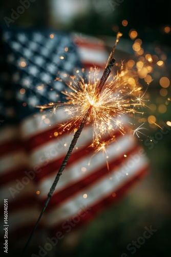 Firework Sparkler Glowing in Front of an American Flag During a Festive Celeb...