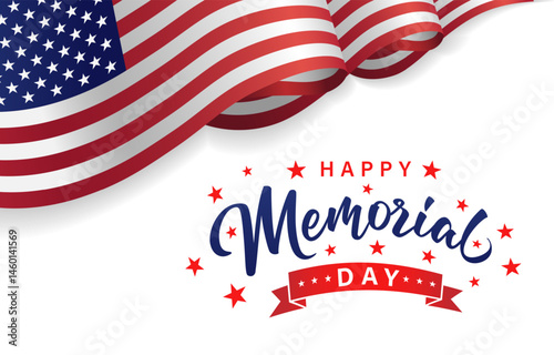 Memorial Day banner with waving USA flag. Remember and Honor creative lettering clipart for Memorial day celebration template. Vector illustration