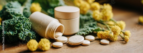 Natural Health Supplements With Herbal Ingredients on Wooden Surface Surround...