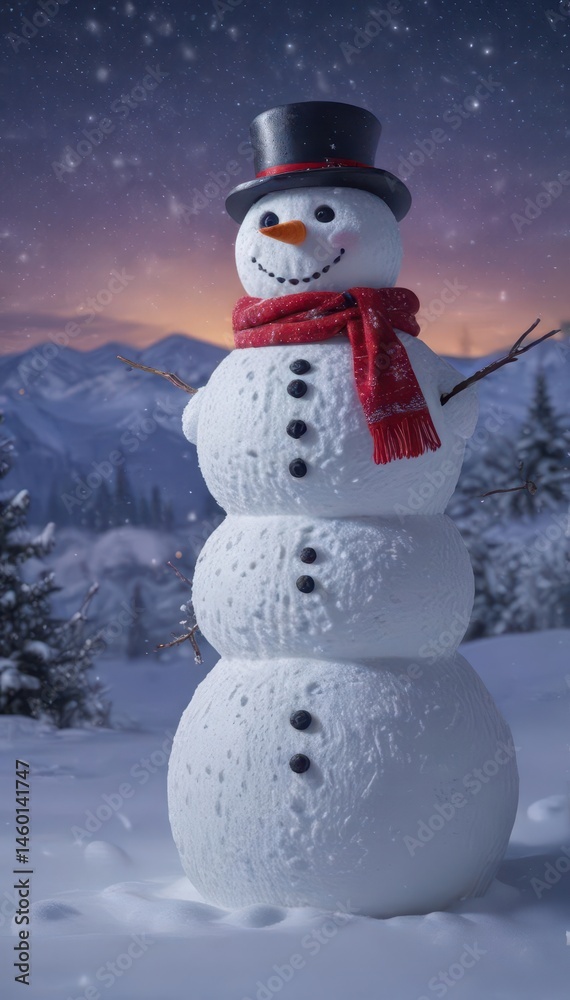 Obraz premium Charming snowman, starry night, snowy landscape, whimsical, christmas, bright